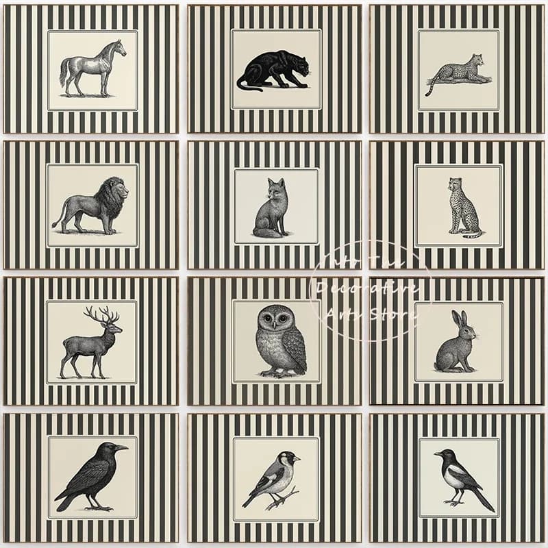 Black and White Striped Line Animal Tiger Lion Rabbit Pattern Posters Child Prints Canvas Paintings Wall Art Pictures Home De