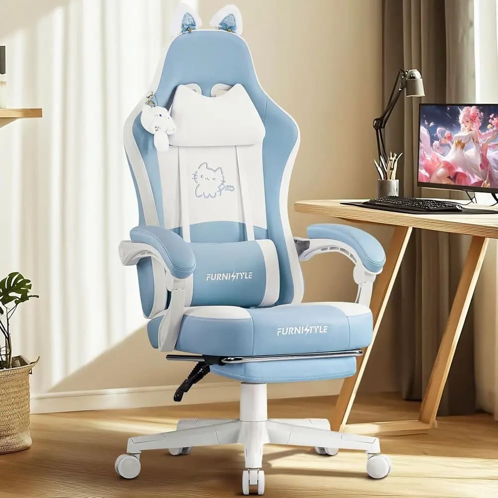 Sedia da Gaming Ergonomica Blu/Bianca con Orecchie da Gatto, Supporto Lombare e Funzioni Massaggianti per un Comfort Ottimale durante il Gioco