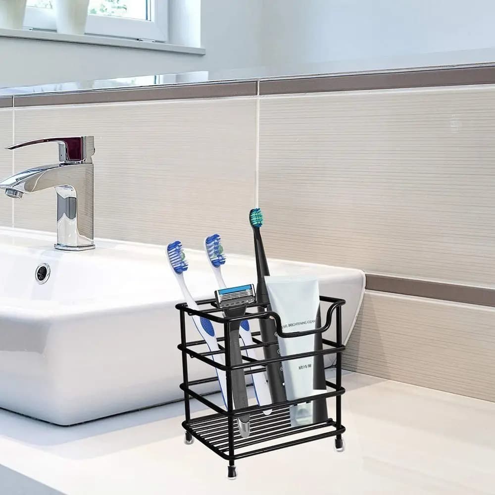 Black/Silver Stainless Steel Toothbrush Holder Stable Saving Space Toothbrush Toothpaste Shelf Non-Slip