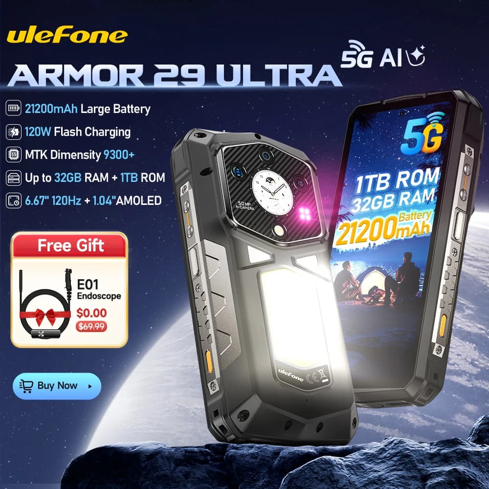 Anteprima mondiale Ulefone Armor 29 Ultra 5G Rugged Phone Dimensity 9300+, 21200mAh 120W 6.67" 120Hz AMOLED 32GB RAM 1TB ROM 64MP Visione notturna, NFC, Android 15 Telefono cellulare