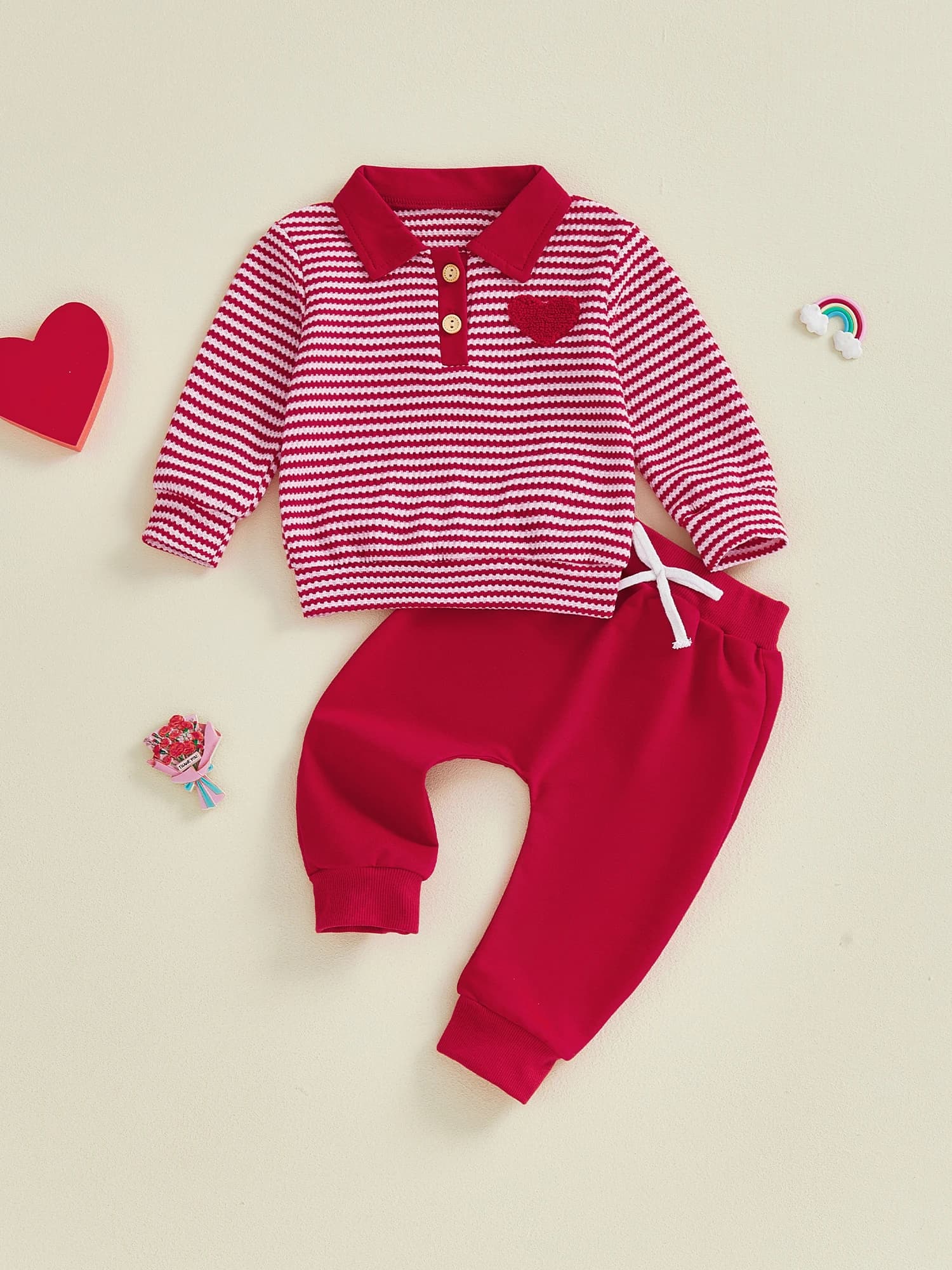 Complete as a child for Valentine's Day, top with volant sleeves and leggings with red heart print, set of 2 pieces for children's love heart dresses