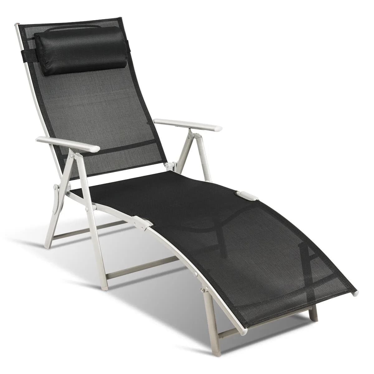Foldable outdoor chaise longue with black courtyard cushion