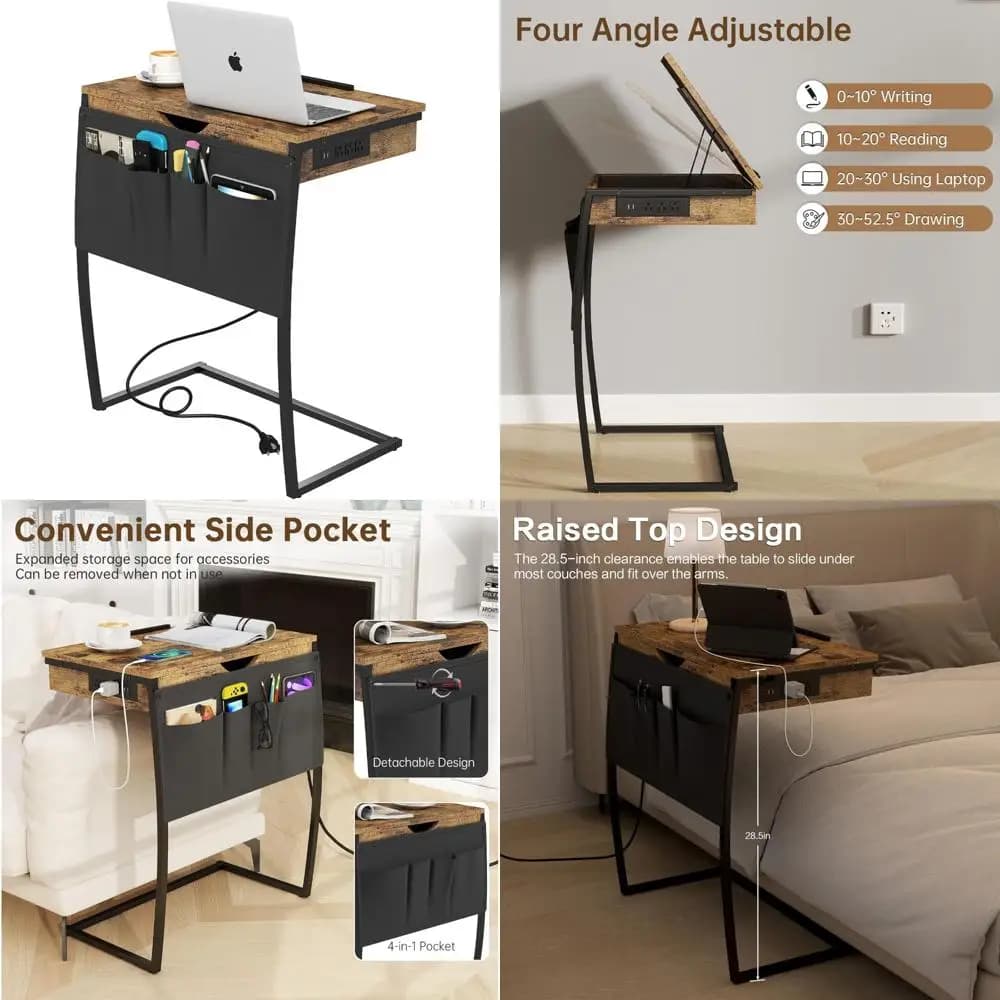 Supporto per laptop per divano a forma di C con stazione di ricarica, tavolino scorrevole sotto il tavolino per uso letto, divano o divano