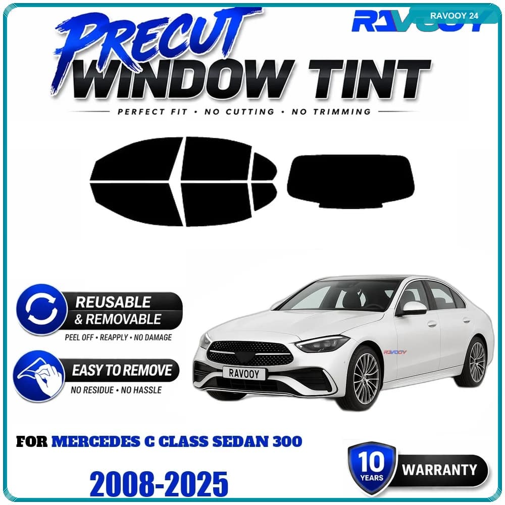 RAVOOY Precut Window Tint, Reusable Removable EPU Film, Custom Fit for Mercedes C Class Sedan 300 2008-2025, UV Heat Protection