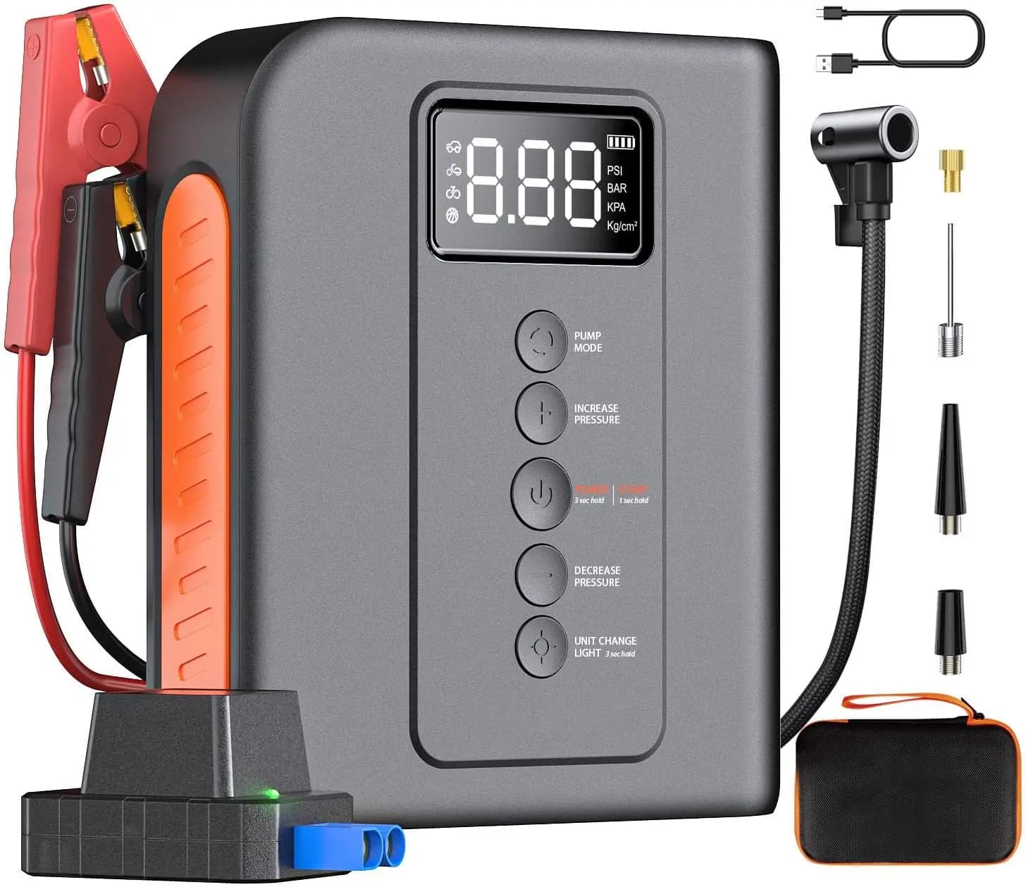 Avviatore d'Emergenza per Auto da 10000mAh con Compressore d'Aria, Gonfiatore Pneumatici 150PSI, Caricatore USB, Luce LED per Veicoli