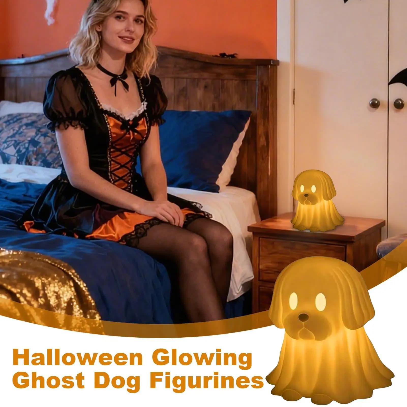 Lampada bassotto Bulldog di Halloween Fantasma incandescente Figurine Centrotavola decorativo per mensola Mantel Scrivania Comodini Finestra