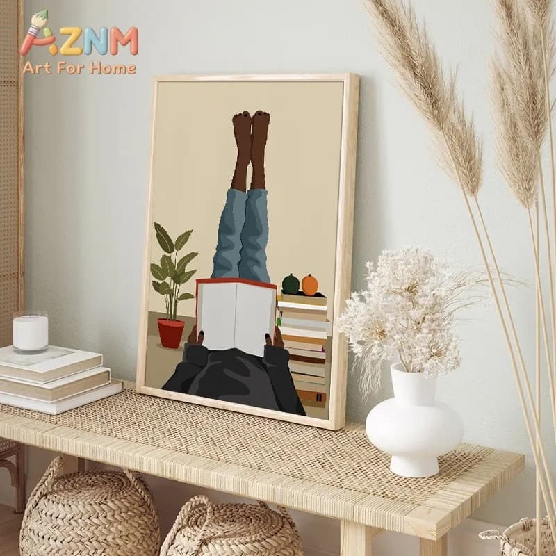 Boho Female Book Lover Poster Print Canvas Painting Wall Art Picture for Living Room Home Decor Black Girl Reading African Woman