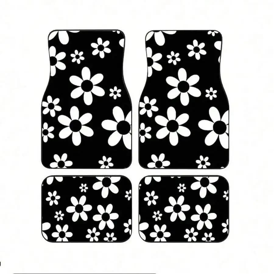 4pcs Universal Black Car Floor Mats With White Floral Print Non-Slip All Season For SUV Van Truck