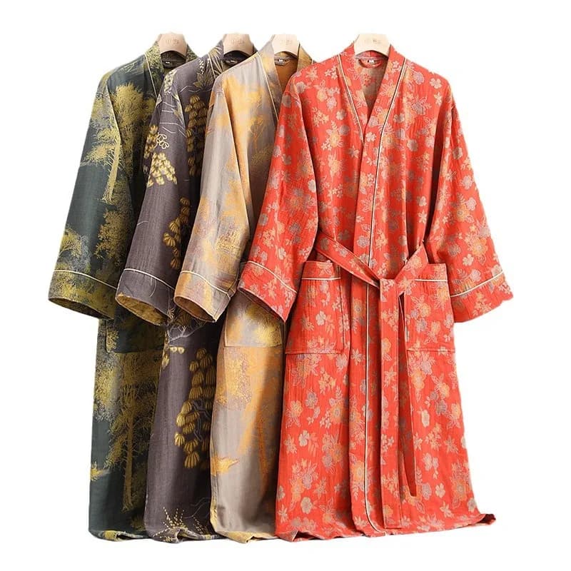 Primavera Estate Puro Cotone Doppi Strati di Garza Accappatoio Sottile Tessuto Tinto Abbigliamento Per La Casa Coppie Stile Giapponese Kimono Abito Pigiama