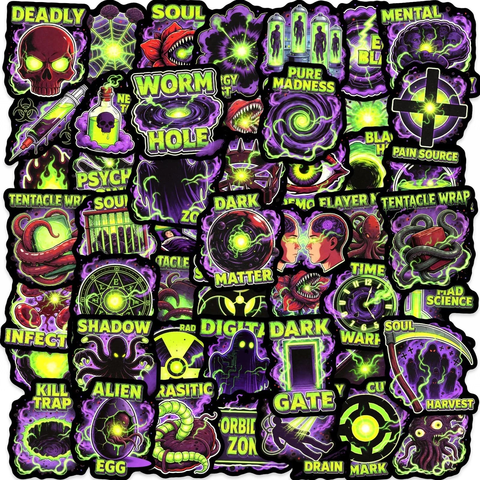 Confezione da 50 Adesivi Fluorescenti Verdi a Tema Elementi Sci-Fi, Decorazioni Impermeabili per Skateboard, Cartelle, Laptop, Valigie, Paraurti Auto