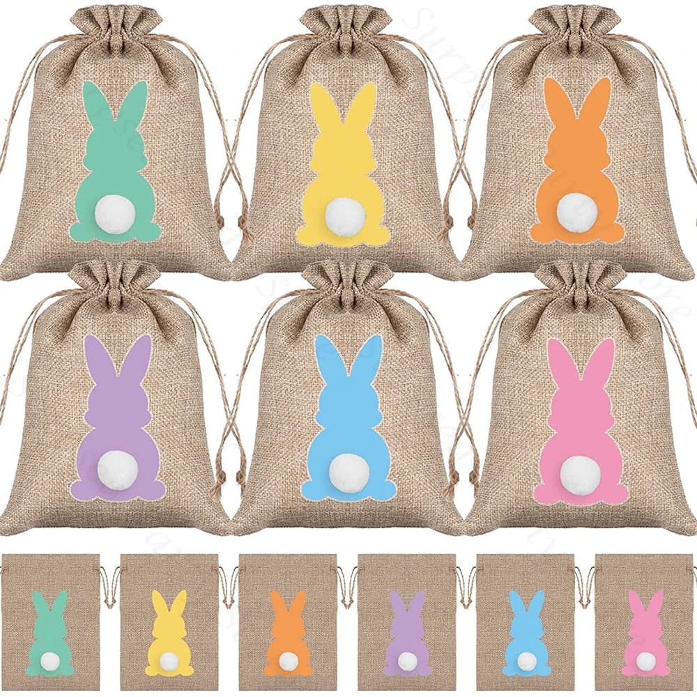 6 pezzi sacchetti regalo in lino pasquale tela da imballaggio per biscotti caramelle di coniglio pasquale decorazione bomboniere coniglietti sacchetti Goody