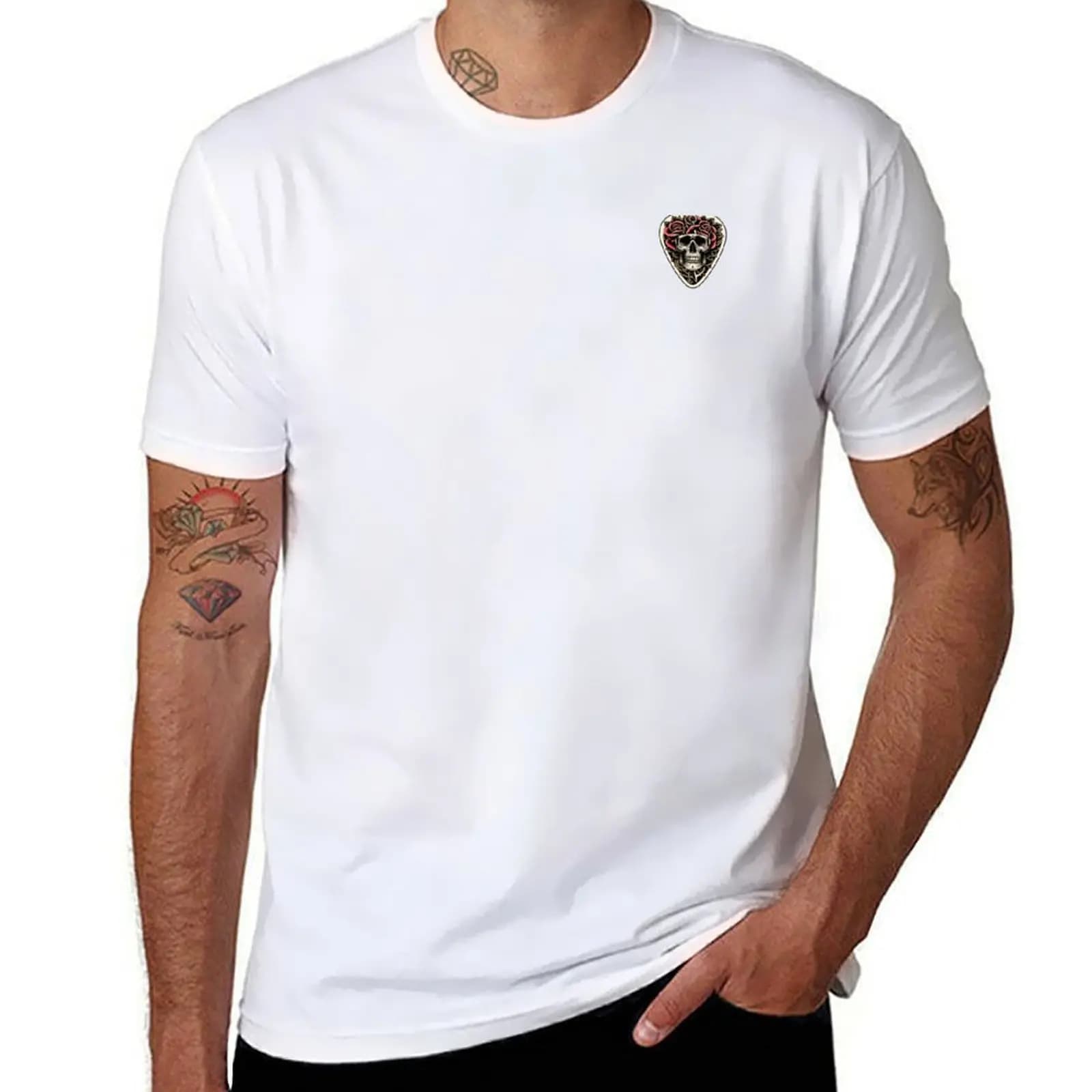 T-shirt con stampa Skull Tattoo Guitar Pick, maglietta basic semplice e casual a maniche corte