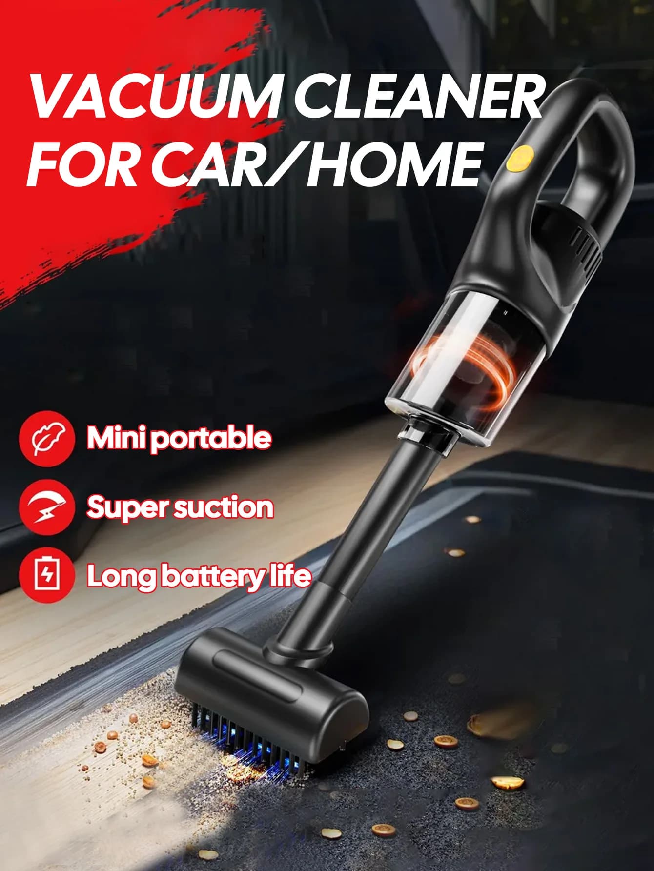 Aspirapolvere portatile senza fili per auto Aspirapolvere ad alta potenza da 120 W ricaricabile per mini macchina per la pulizia a doppio uso per casa e auto
