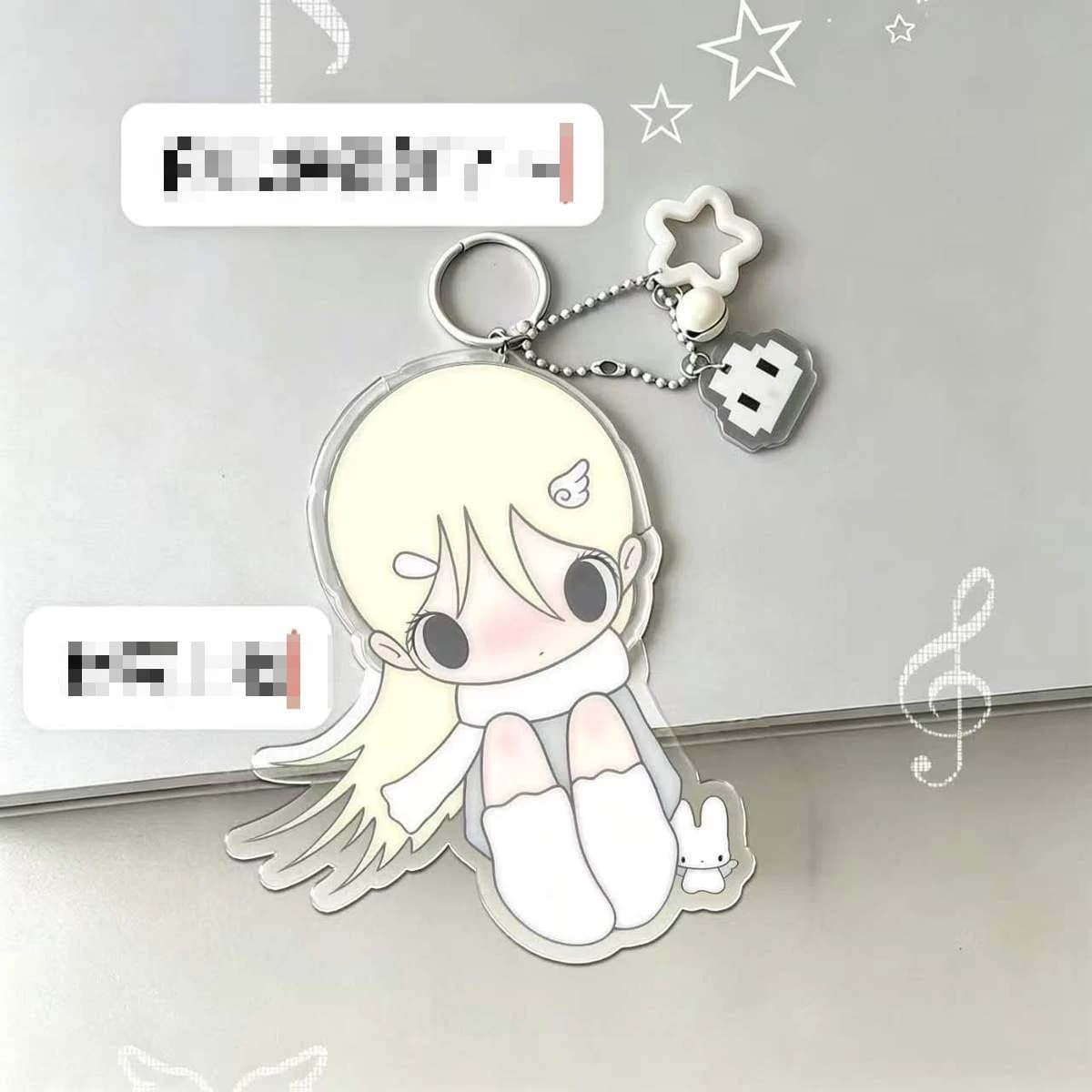 INS Cute Blonde Anime Girl Acrylic Keychain Angel Hair Clip Mini Rabbit Pixel Ghost Star Clasp Bag Pendant For Women Jewelry