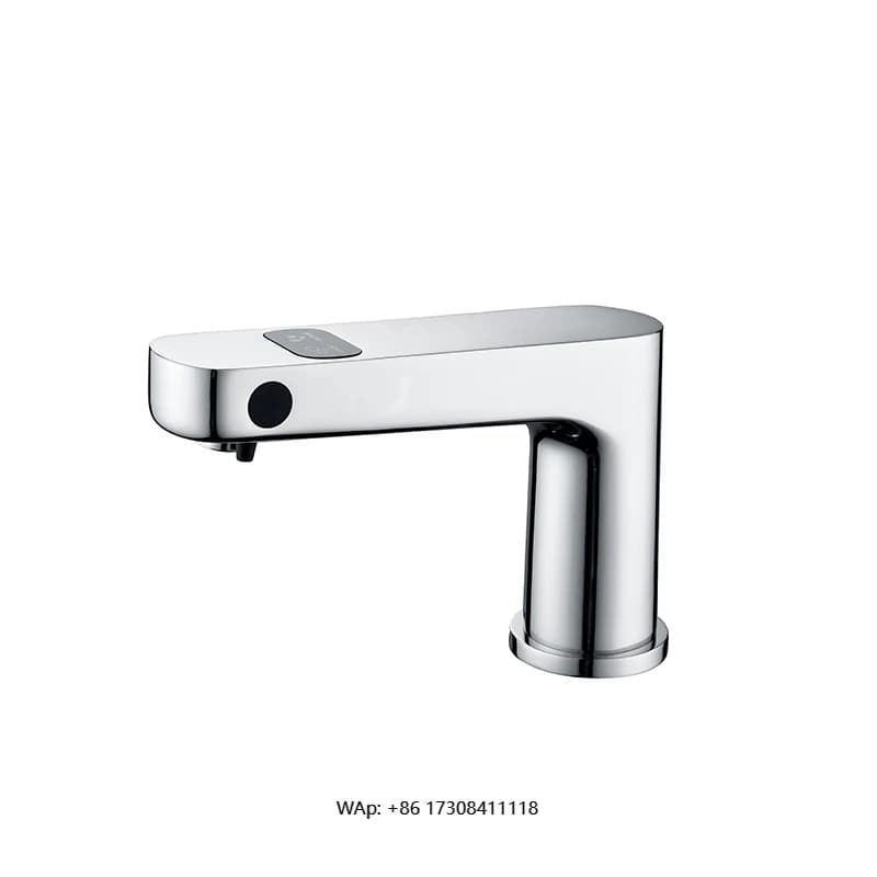 Rubinetto per lavabo commerciale tre-in-uno con dispenser di sapone, sensore a infrarossi con allarme per avviso di esaurimento sapone.