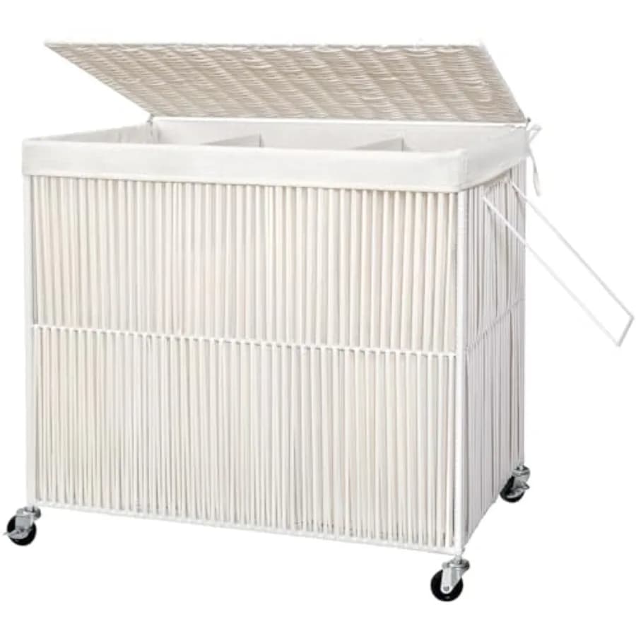 Cesto Portabiancheria con Ruote 160L, Cesto Portabiancheria Intrecciato a Mano con 3 Scomparti e Coperchio, con 3 Sacchi Interni Rimovibili