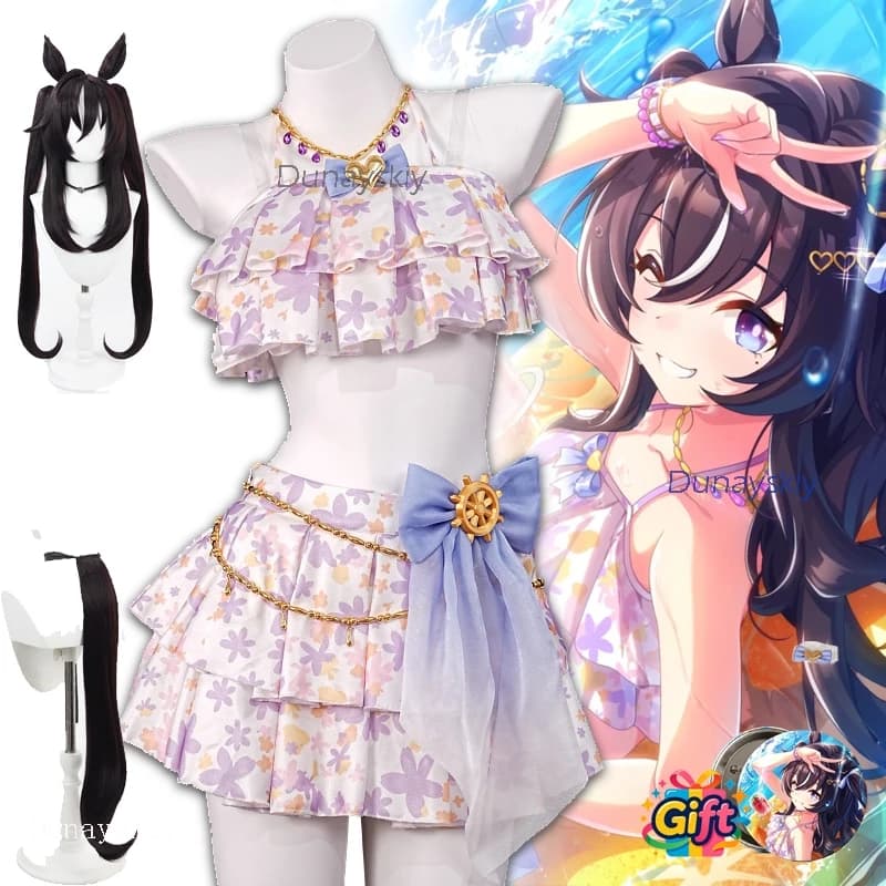 Game Pretty Derby Vivlos (Viburosu) Umamusume Set cosplay con costume da bagno carino - Parrucca + nuove carte, costume di carnevale di Halloween per donna