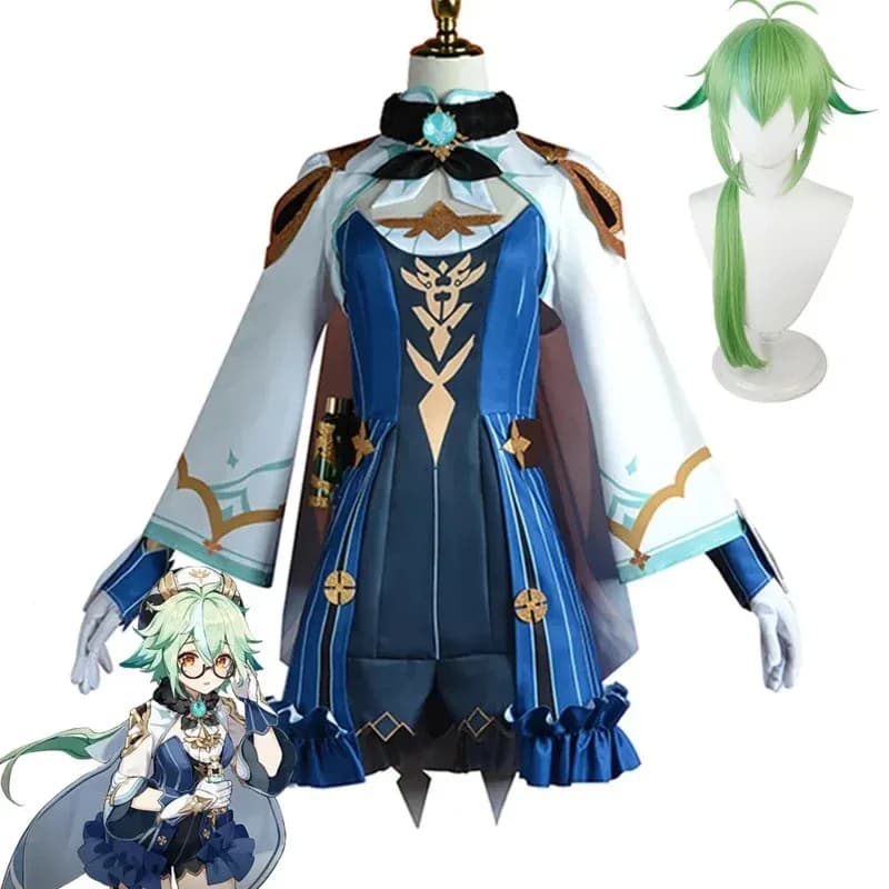 Anime Genshin Impact Saccarosio Cosplay Costume Saccharose Wigs Shoes Dress Uniform Dress Halloween Party Outfit for Women Fu Ds;2'd