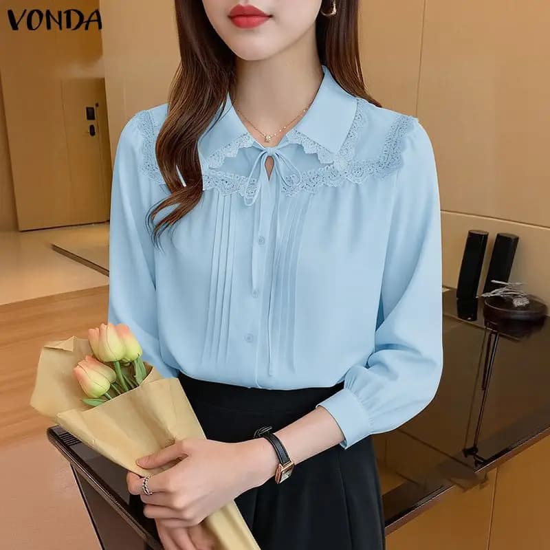 VONDA Moda Camicie a maniche lunghe Donna Patchwork in pizzo Fasciatura Camicetta casual Primavera Autunno Risvolto Office Lady Elegante tunica Top