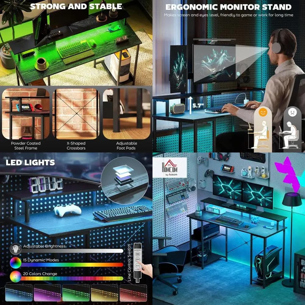 Scrivania da gioco da 55" con prese di corrente e luci a LED, scrivania per computer reversibile con supporto per monitor e ripiani portaoggetti a 2 livelli, cavo