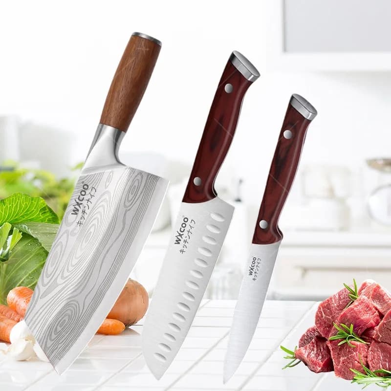 WXCOO Home Kitchen Knife Multi Purpose 7inch Knife for Cutting Vegetables Fruits Kitchen Supplies Japanese Ergonomic Handle Wood