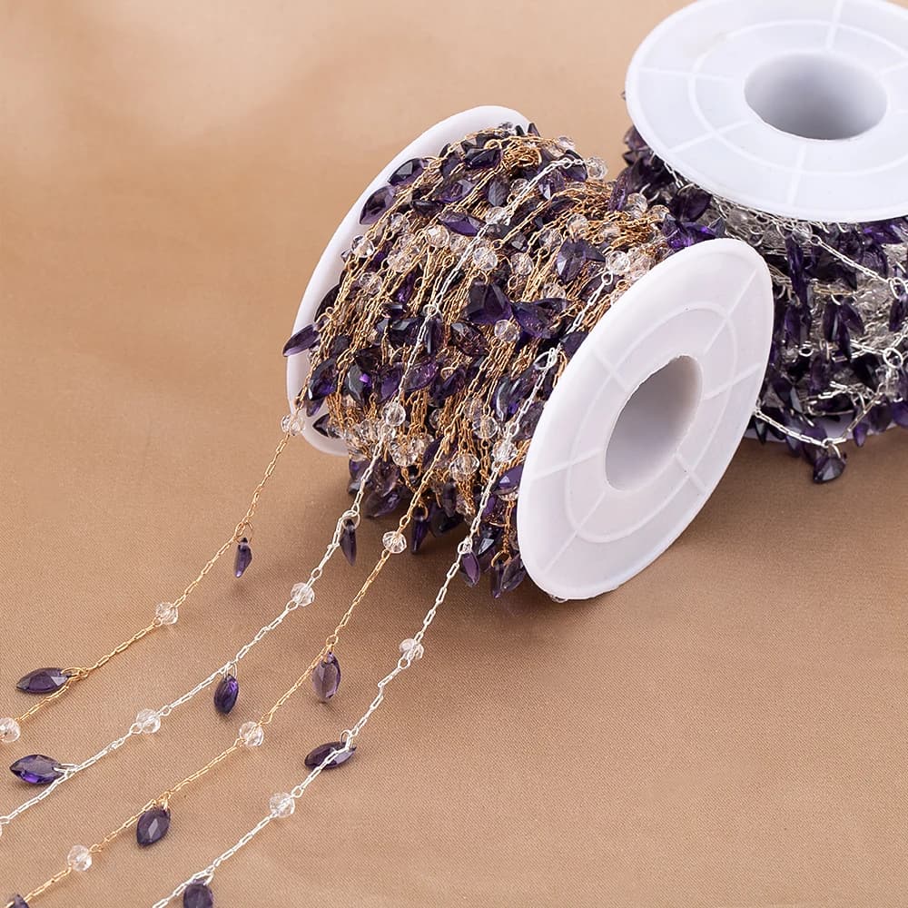 Catena in rame da 0,5/1 metro con zirconi viola lavanda a forma di goccia d'acqua per la creazione di gioielli fai da te, collane, bracciali e accessori.