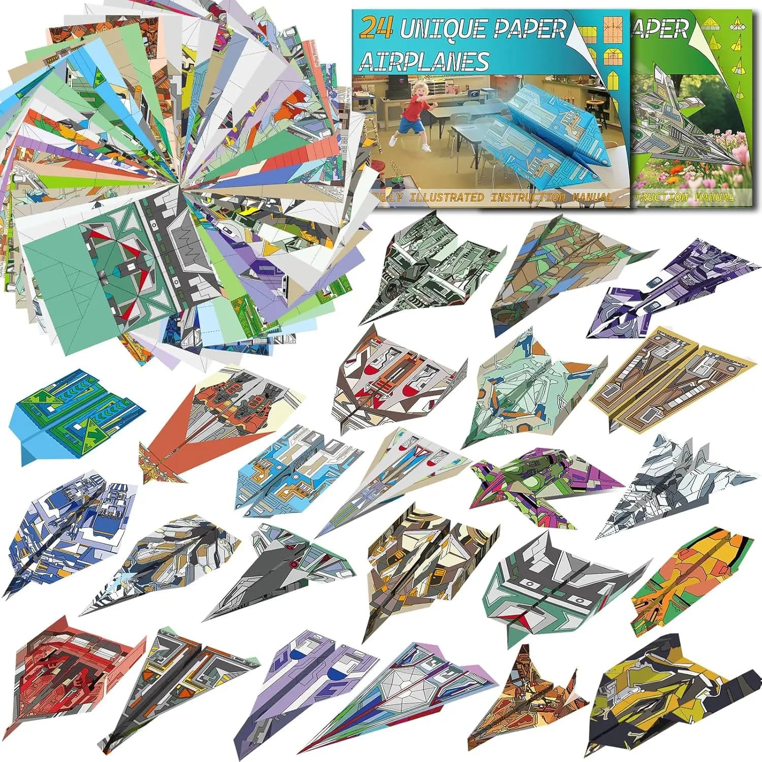 Kit di 48 Fogli di Carta per Origami Aerei per Bambini dai 6 ai 12 Anni, Gioco Educativo Creativo con Guida Passo-Passo