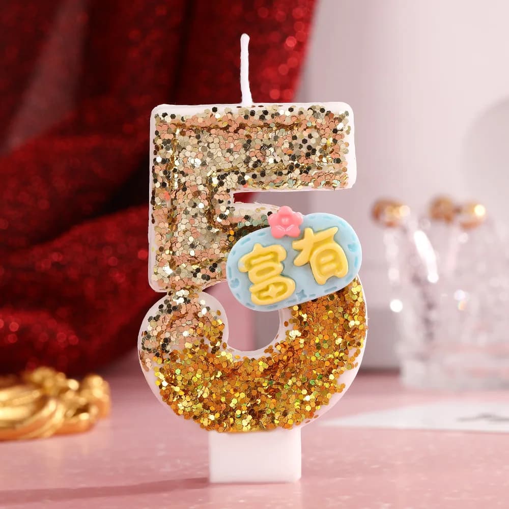 Chinese Character Sign "rich" Digital Candle Golden Gradient Sequin Dessert Cake Birthday Candle Plug-in, Festival Party Decor