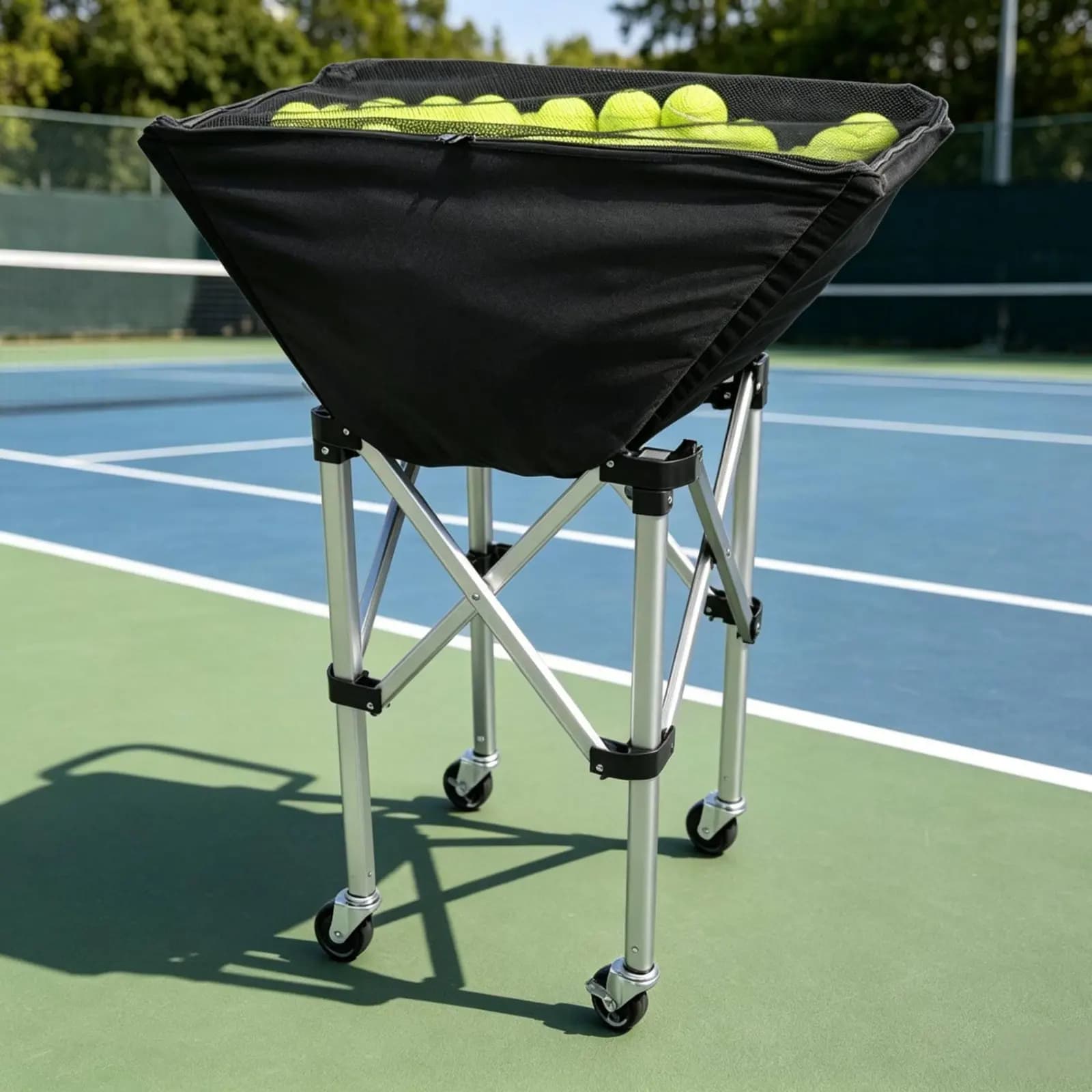Folding Tennis Ball Trolley Foldable Tennis Ball Trolley Mobile Pickleball Basket Wheeled Large Capacity for Coaches, Training