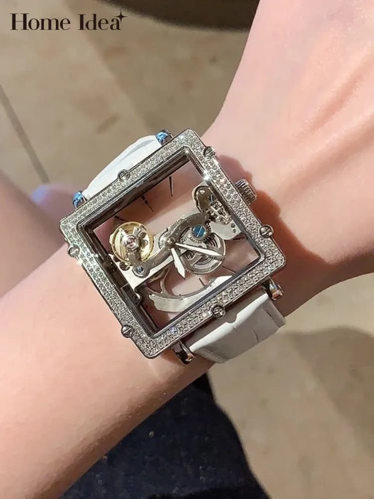Orologio meccanico da donna di moda di lusso cinturino in vera pelle fibbia ad ardiglione trasparente scava fuori accessori per orologi da polso di design