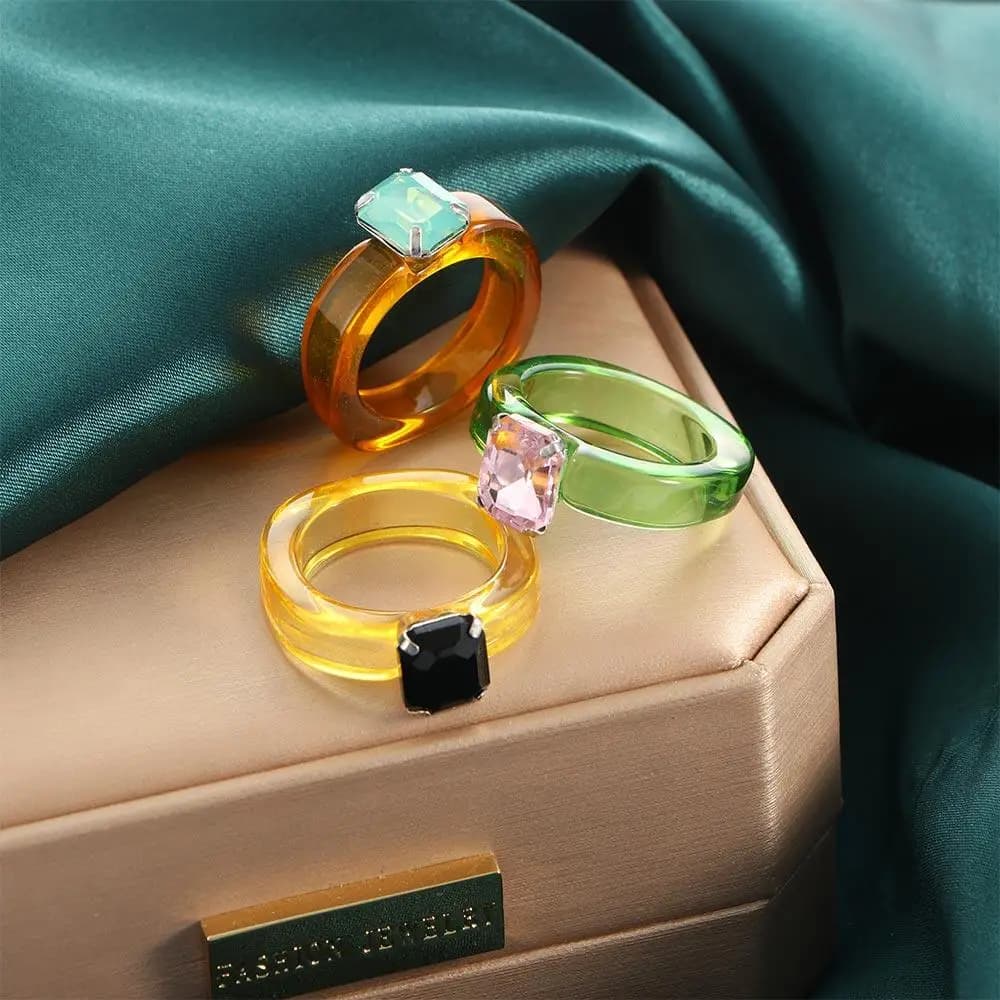 Elegant Trendy Girls Rhinestone Acrylic Women Finger Ring Transparent Resin Rings Geometric