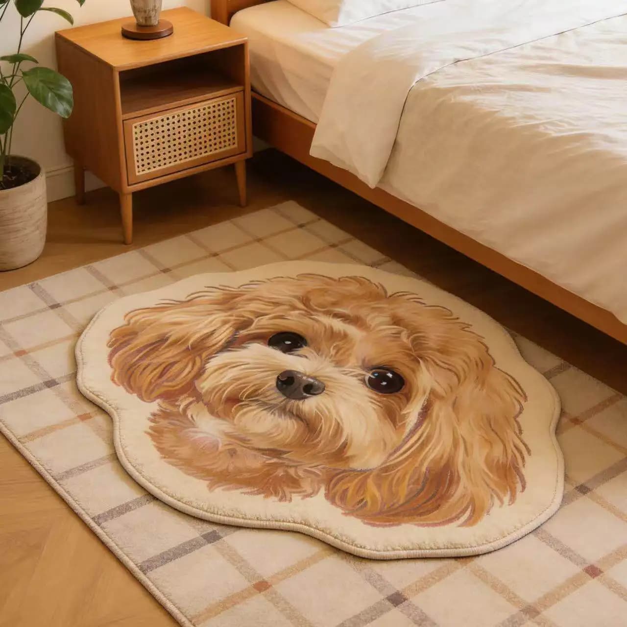 VIKAMA Cute Teddy Dog Portrait Shaped Rug Non Slip Washable Plush Floor Mat Realistic Puppy Bedroom Bedside Decor Carpet