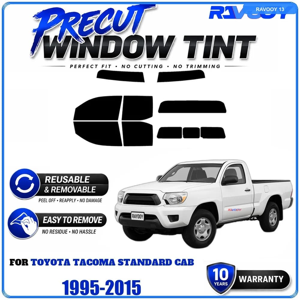 RAVOOY Precut Window Tint, Reusable Removable EPU Film, Custom Fit for Toyota Tacoma Standard Cab 1995-2015, UV Heat Protection