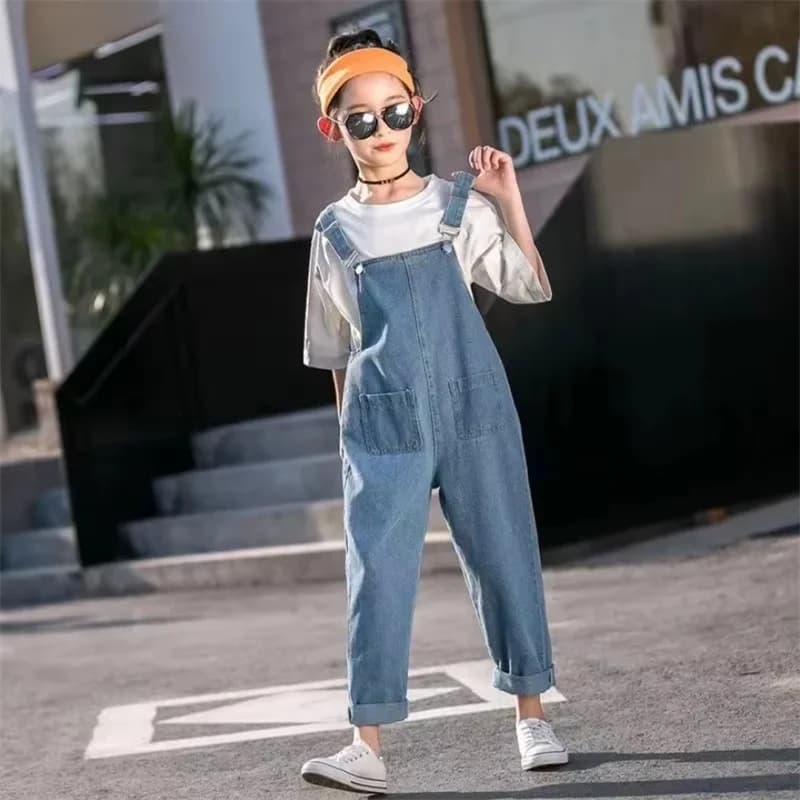 Salopette in denim a vita alta per bambini, modello moderno, stile casual, taglie M-L