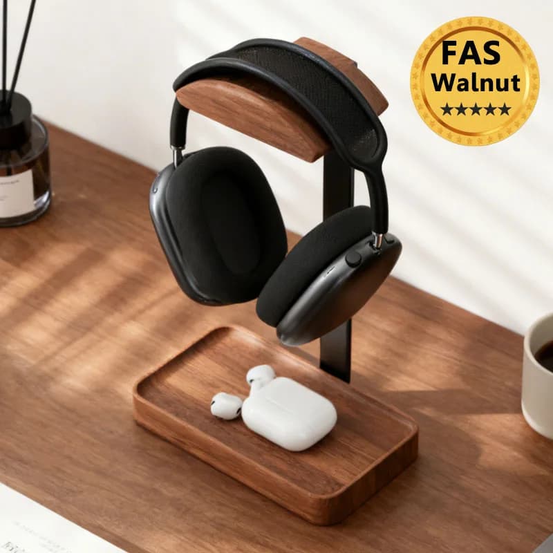 Supporto per Cuffie in Legno Massello di Noce Nero e Lega di Alluminio, Espositore da Scrivania per Cuffie da Gaming con Base Portaoggetti