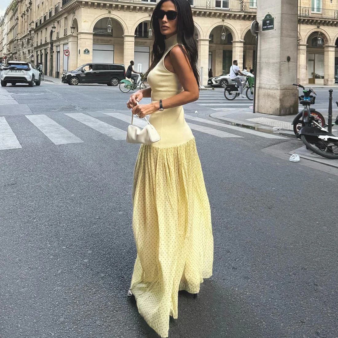DSMTRC Women's High Collar See Through Patchwork High Waist Dresses Polka Dot Long Dress Summer Female Fashion Elegant Slim Robe