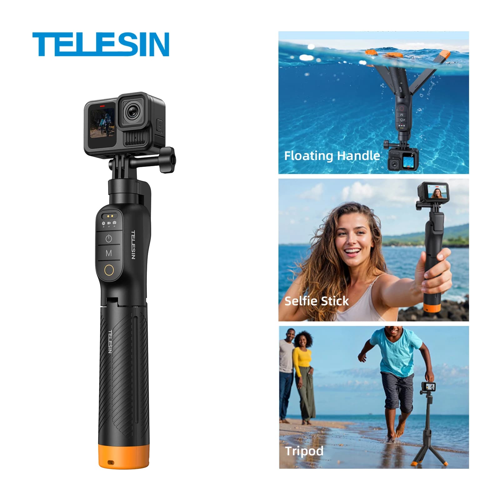 TELESIN 3 in 1 Asta Selfie Subacquea con Treppiede, Telecomando, Estensibile, Impermeabile, Galleggiante per Gopro Hero 9 10 11 12 13 Max