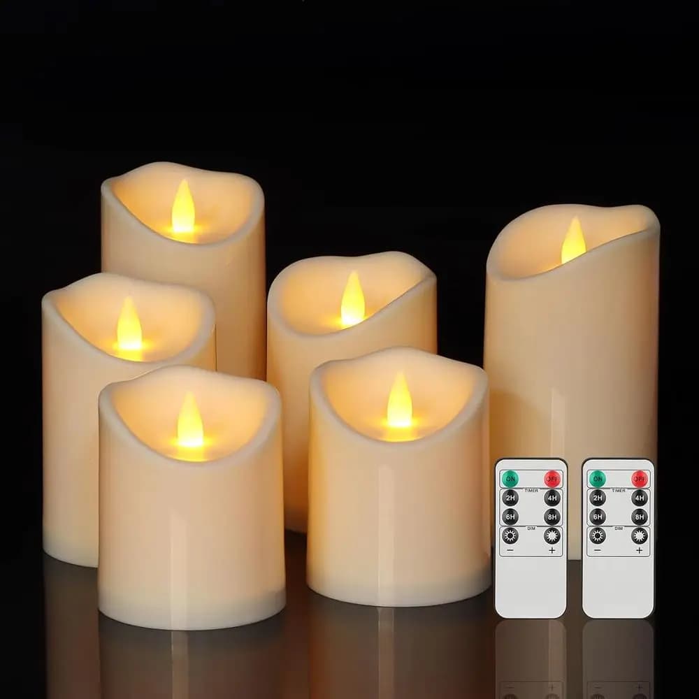 Set di 6 Candele a Pilastro Inclinato 3D a Doppio LED, Impermeabili, con Telecomando e Timer, Avorio