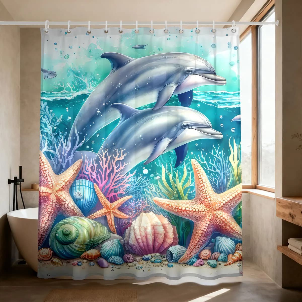One Piece Cute Cartoon Blue Dolphin Print Waterproof Partition Privacy Shower Curtain With Hooks Multiple Sizes Easy To Install