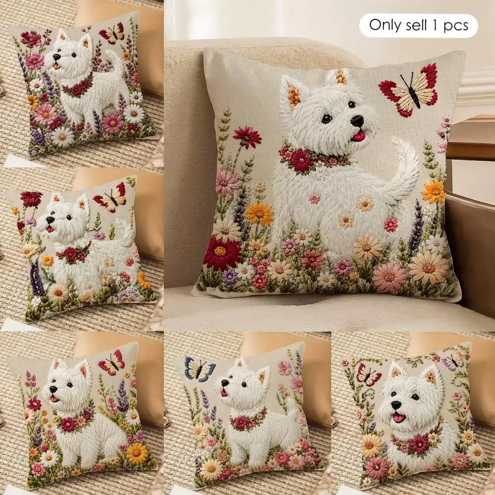 2D Cute Pup West Highland Terrier Cushion Cover Silky Short Plush Invisible Zipper Dustproof Sofa Pillow Case For Home Decor