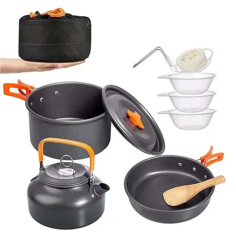 Outdoor Aluminum Alloy Camping Set, Three Piece Portable Folding Handle, Cooking Pan, Frying Pan, Kettle, Camping Cookware
