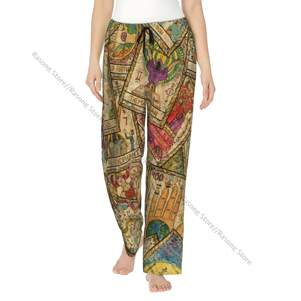 Accoglienti pantaloni pigiama in flanella per donne Vecchie carte dei tarocchi colorate con layout caotico Pantaloni da notte Home Loungewear
