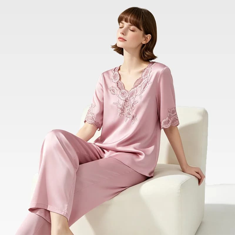 Women 100% Real Silk Pajamas Pink Sexy Lace V-neck Homewear Pure Silk Summer Thin Luxury Pijamas Femmel