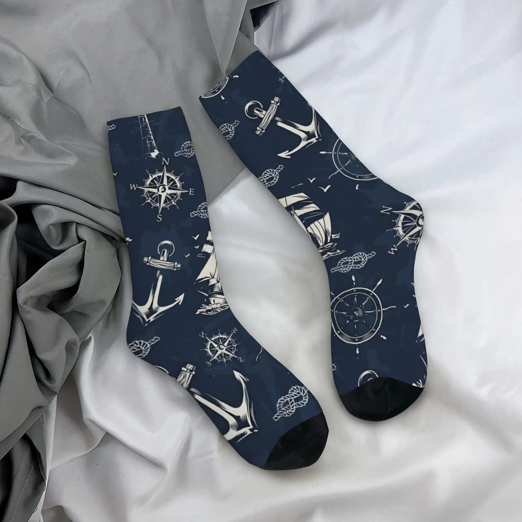 Calze con stampa ancora nautica e barca, alla moda, autunnali, antiscivolo, morbide, per coppia, da skateboard