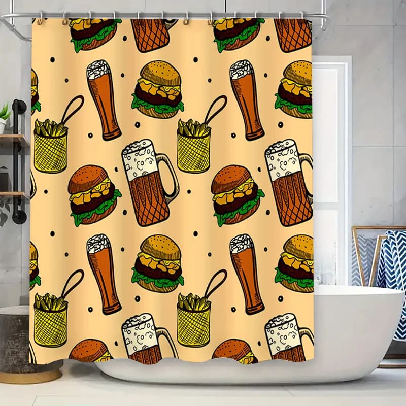 Set tenda da doccia decorativa con un divertente motivo fast food con hamburger, patatine fritte, tazze di birra e coni gelato in bac giallo