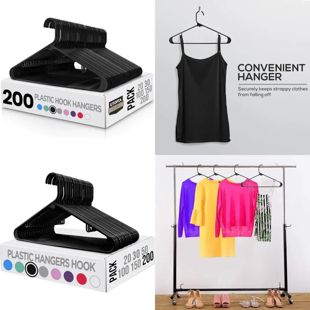 Plastic hanger, 200 pack, space saving hooks, durable design, black for an efficient wardrobe organization
