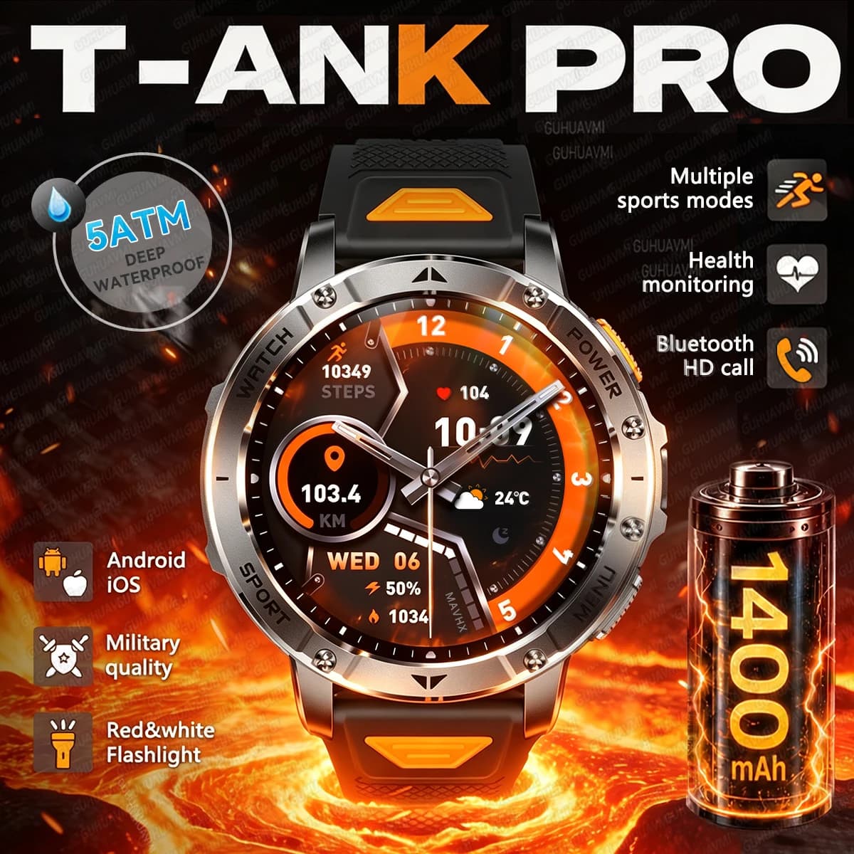 New Smartwatch with 1400mAh Battery, IP68, LED Flashlight, Bluetooth Call, Cardiac Frequency Monitoring, Sports Watch, Men Gift