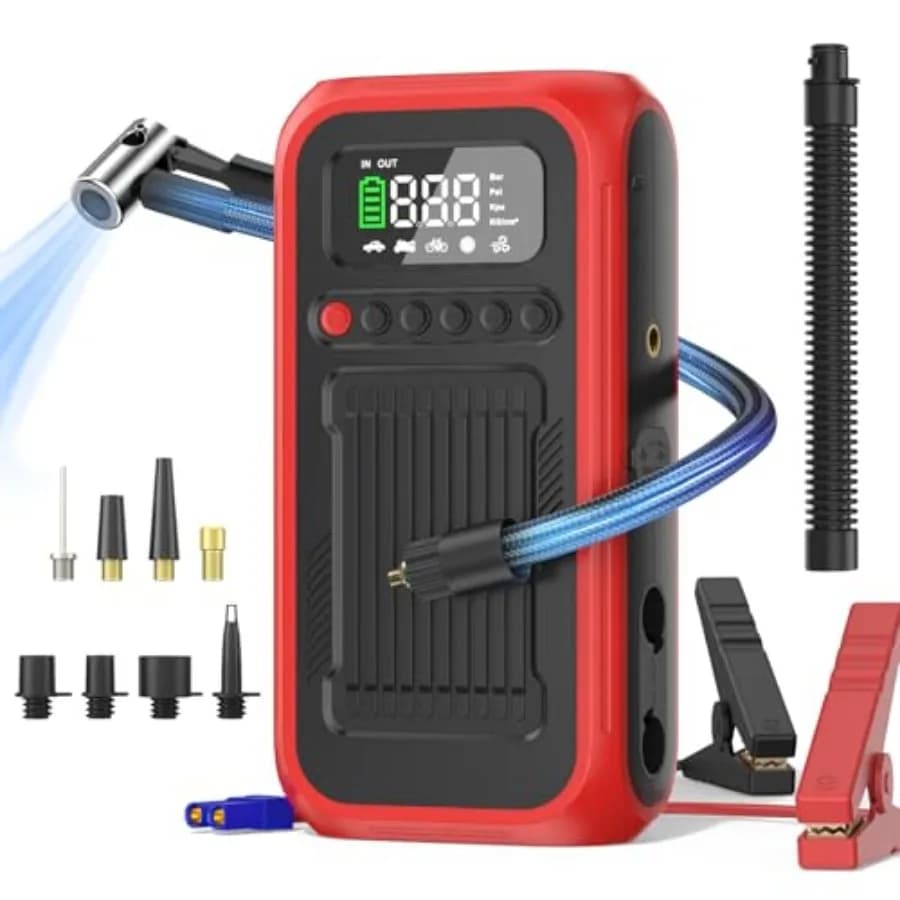 Compressore d'aria portatile 12V per gonfiaggio pneumatici, avviatore di emergenza per auto 150PSI e 28000mAh, pompa ad aria con soffiatore e manometro digitale