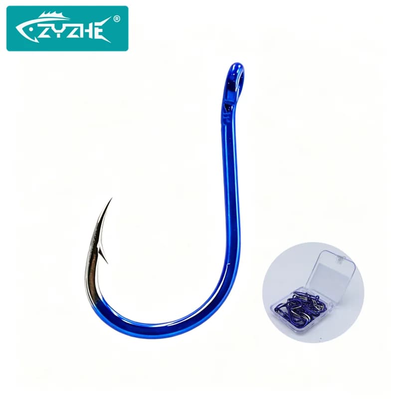 Fishing hooks ZYZHE Blue Chinu 35-55 pcs/box with housing, high carbon steel, 12 sizes, offset hooks for sea fishing or fresh water