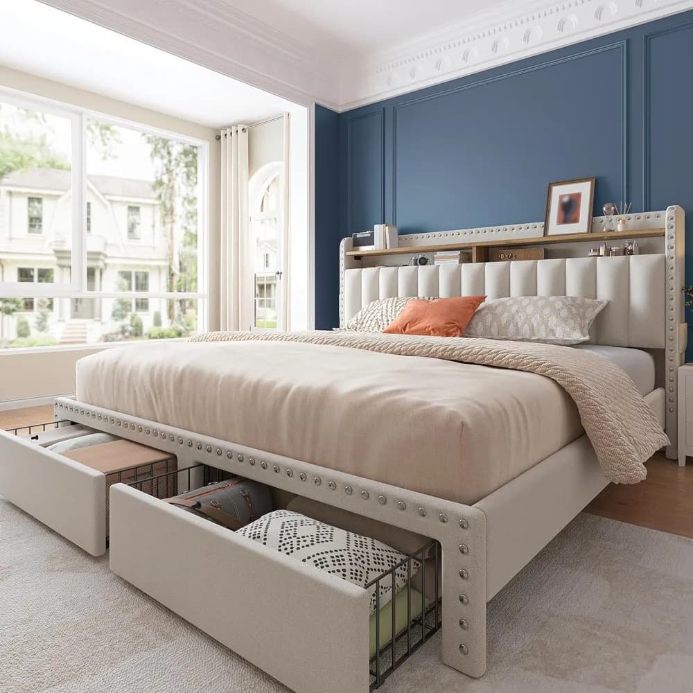 Struttura letto matrimoniale imbottita con 2 cassetti contenitore e testiera a 2 livelli, design testiera verticale trapuntata, struttura letto queen size